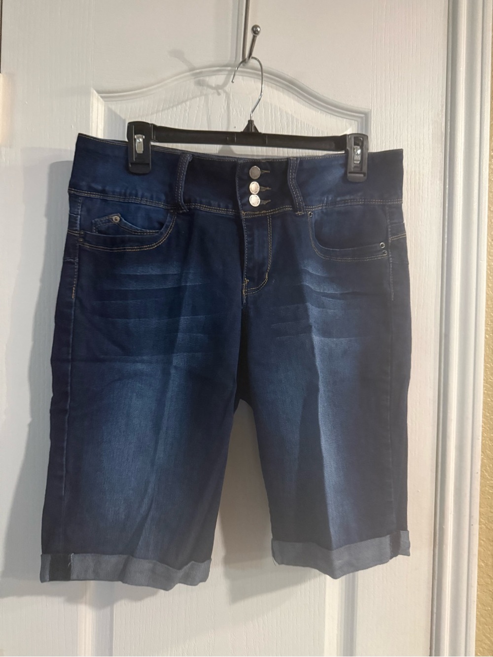Women's Dark Blue Denim Bermuda Shorts with Triple-Button Waist